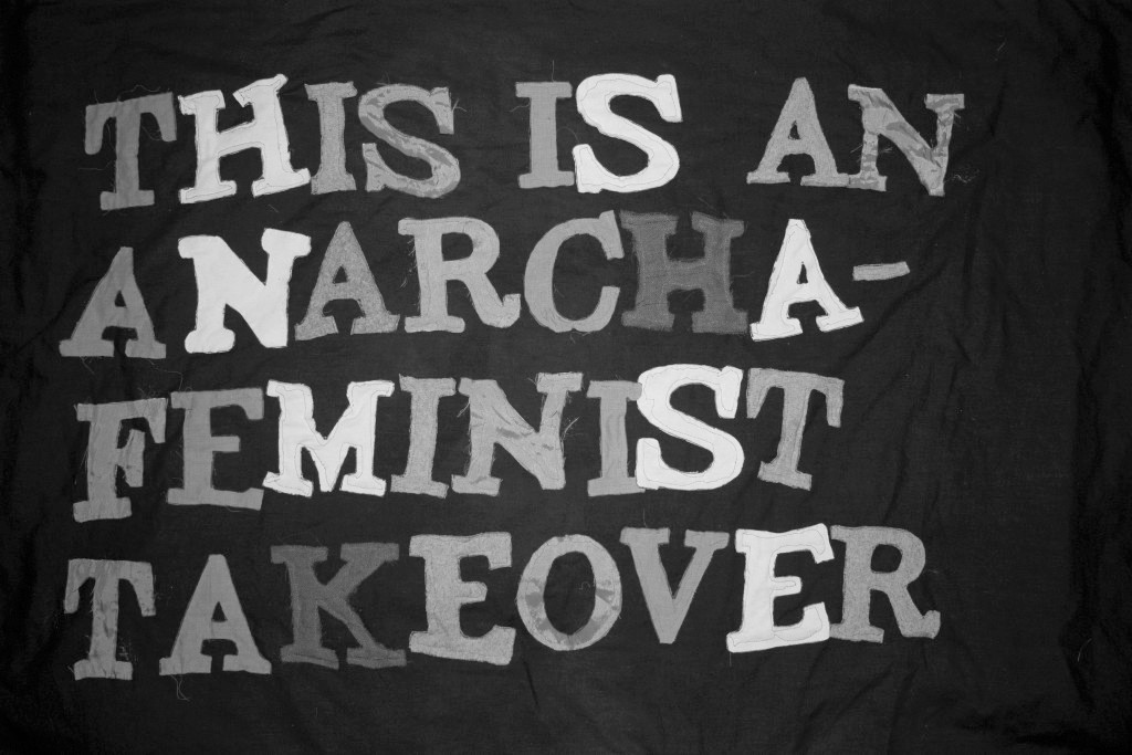 A black and white photograph of a banner with the words "THIS IS AN ANARCHA-FEMINIST TAKEOVER" sewn on